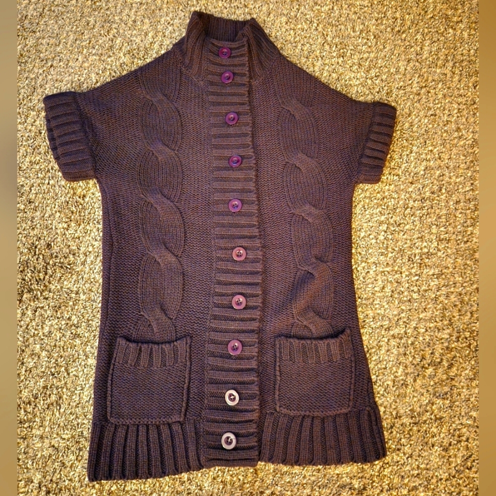 Black Crimson NY Chunky Cable Knit Short Sleeve Cardigan Sweater Purple Small